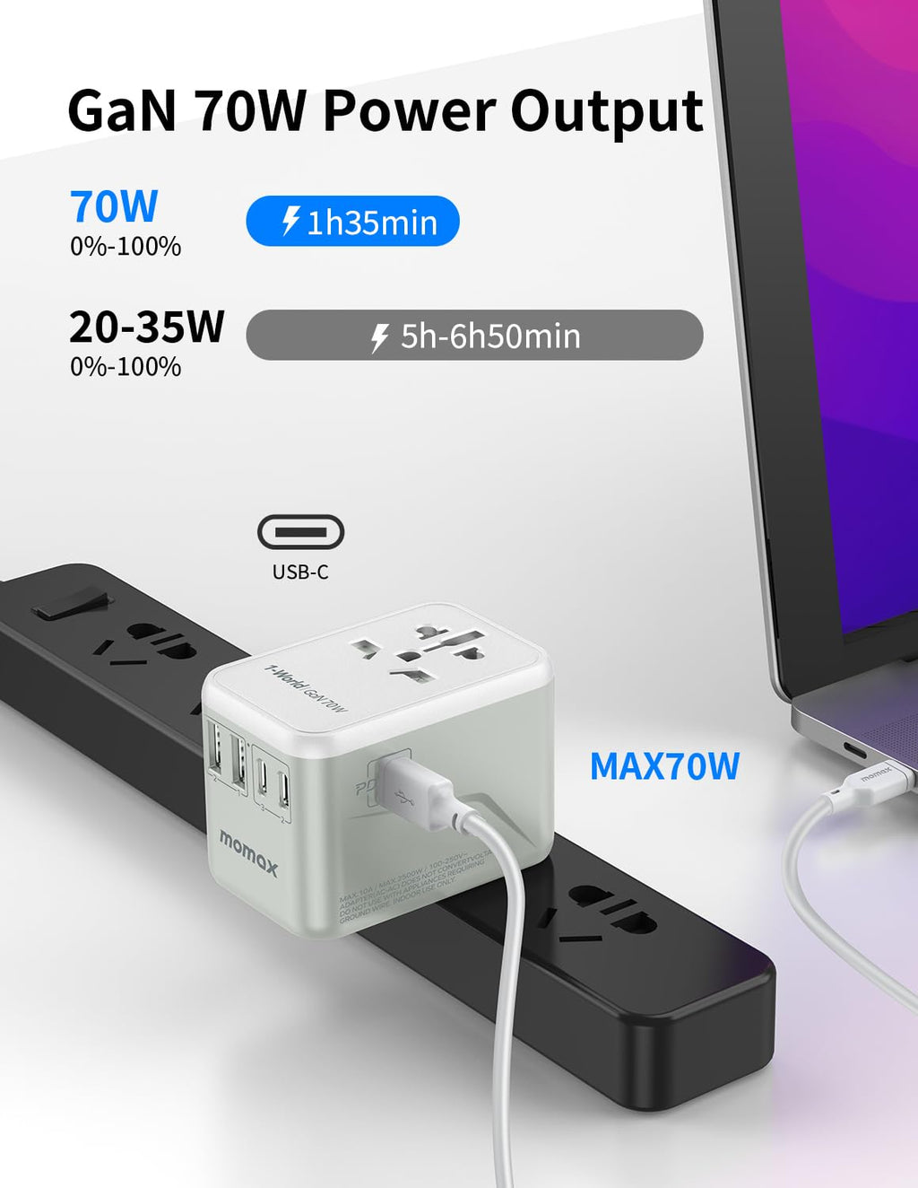 MOMAX Universal Travel Adapter, PD GaN 70W + 100W (Type C/A/G/I)