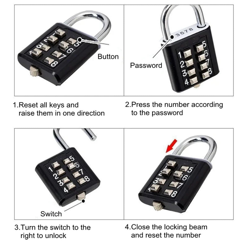 8-Digit Combination Luggage Padlock with Zinc Alloy Body