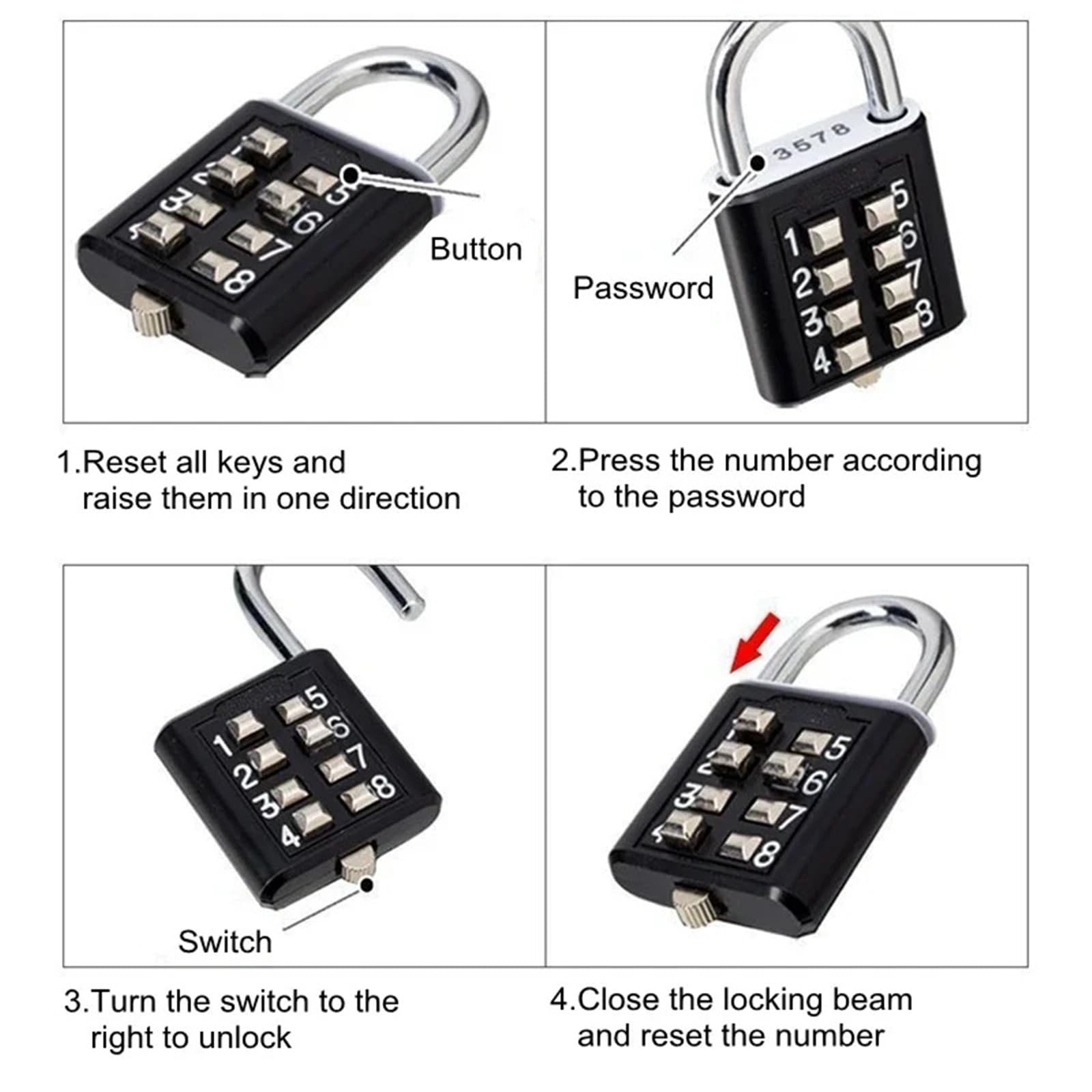 8-Digit Combination Luggage Padlock with Zinc Alloy Body