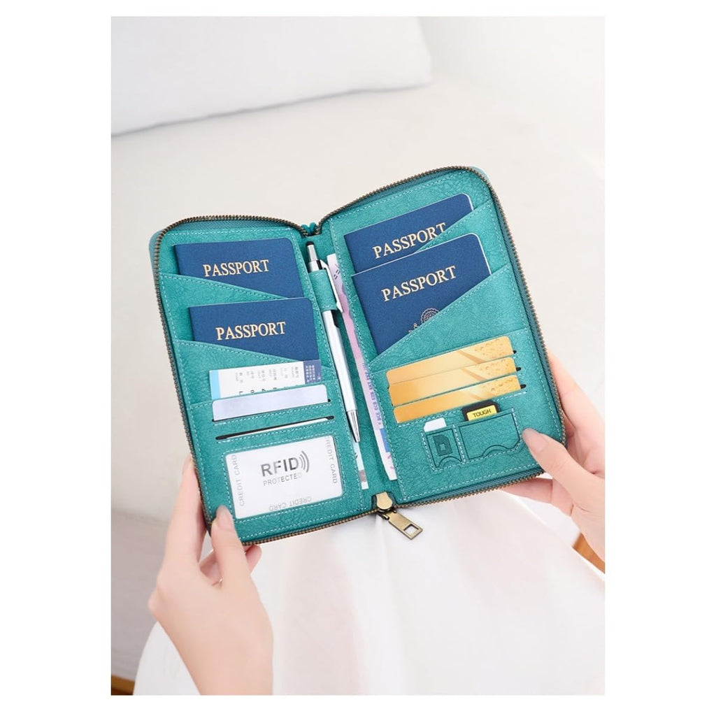 Genuine Leather RFID Passport Wallet with Zipper Travel Organizer