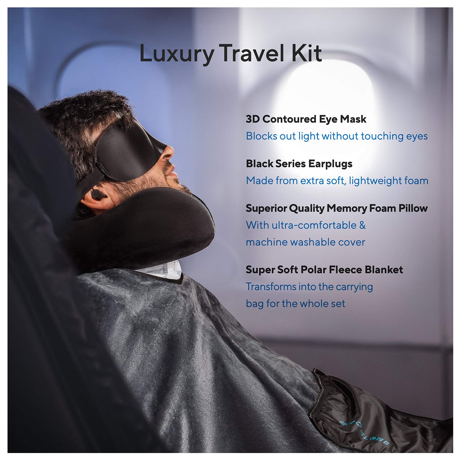 Memory Foam Travel Neck Pillow Kit with Eye Mask, Earplugs & Blanket