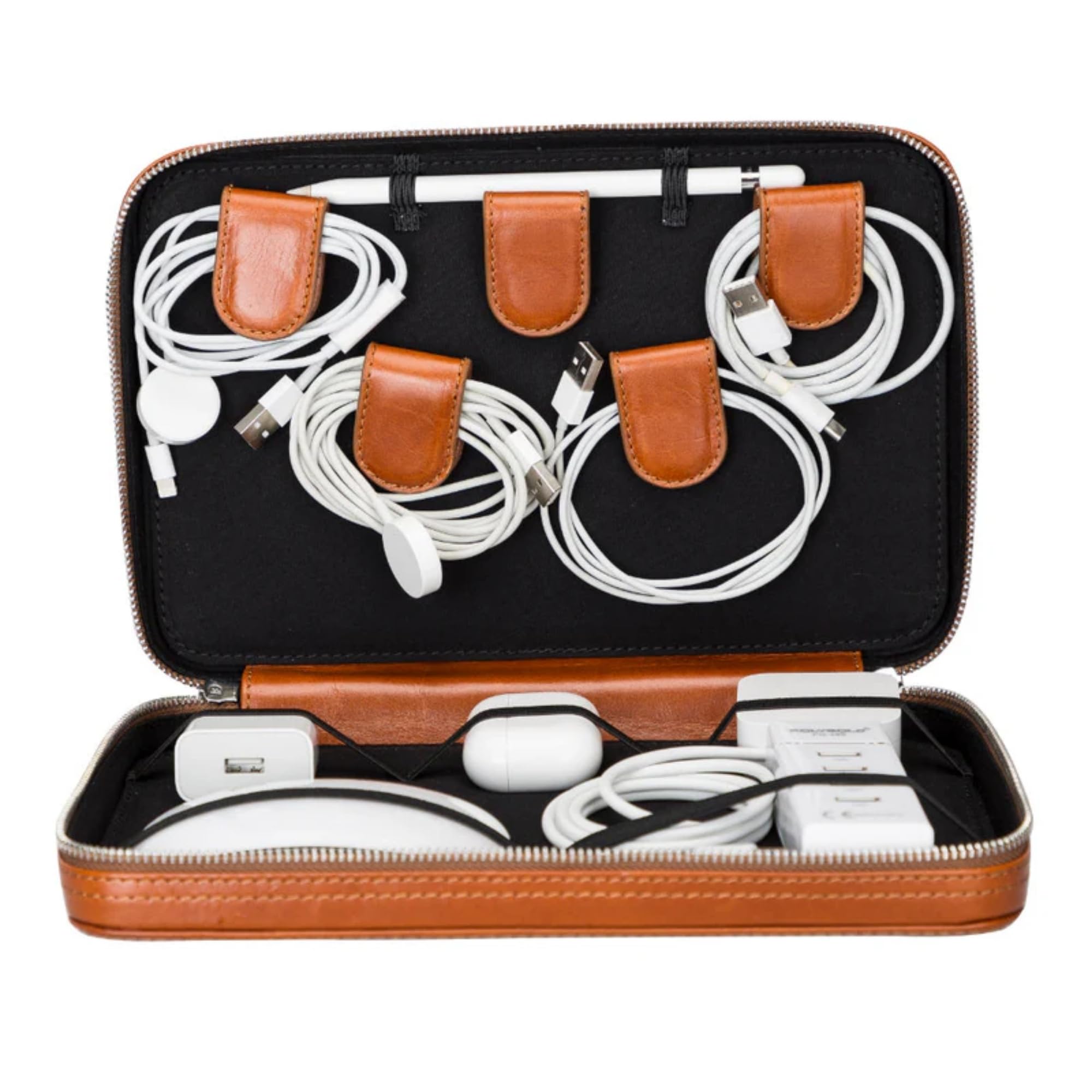 Full-Grain Leather Cable Organizer Bag for Cords & Chargers