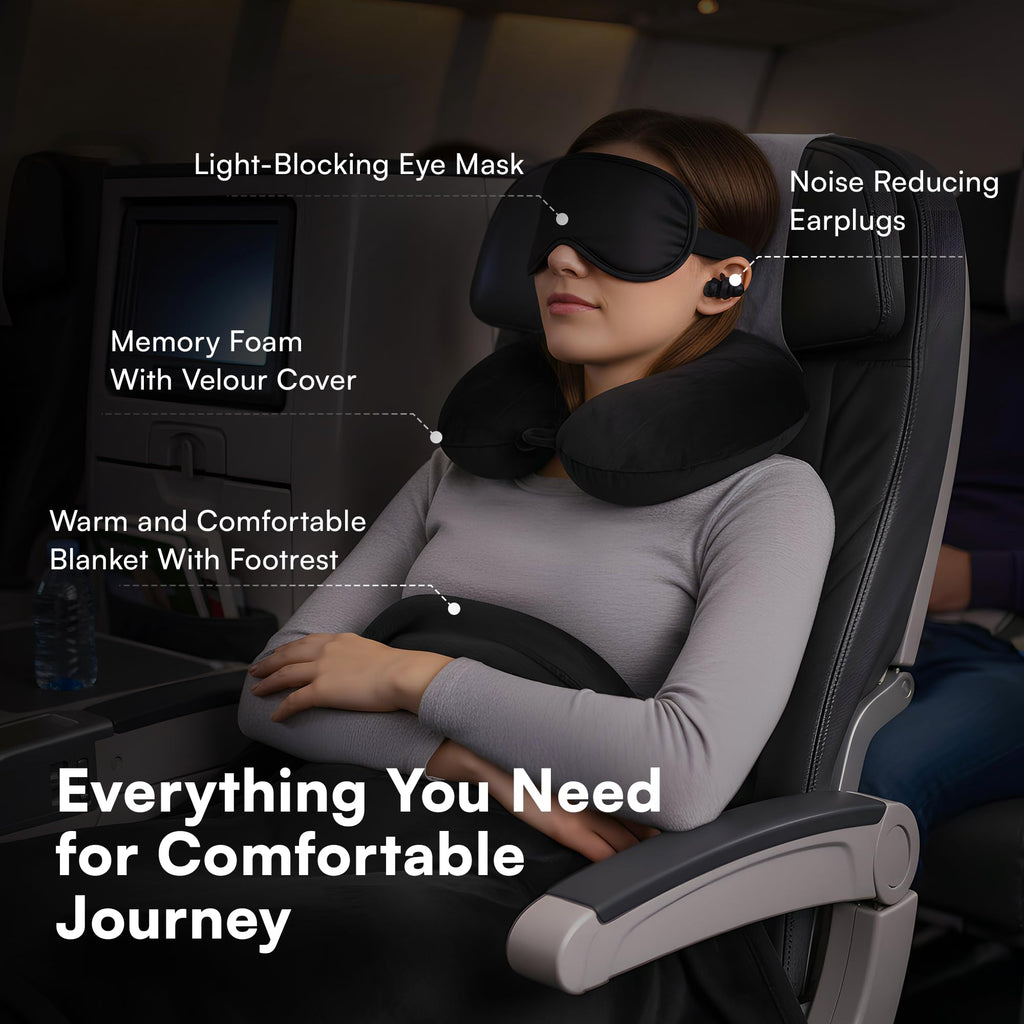 5-in-1 Travel Pillow & Blanket Set with Memory Foam Neck Pillow