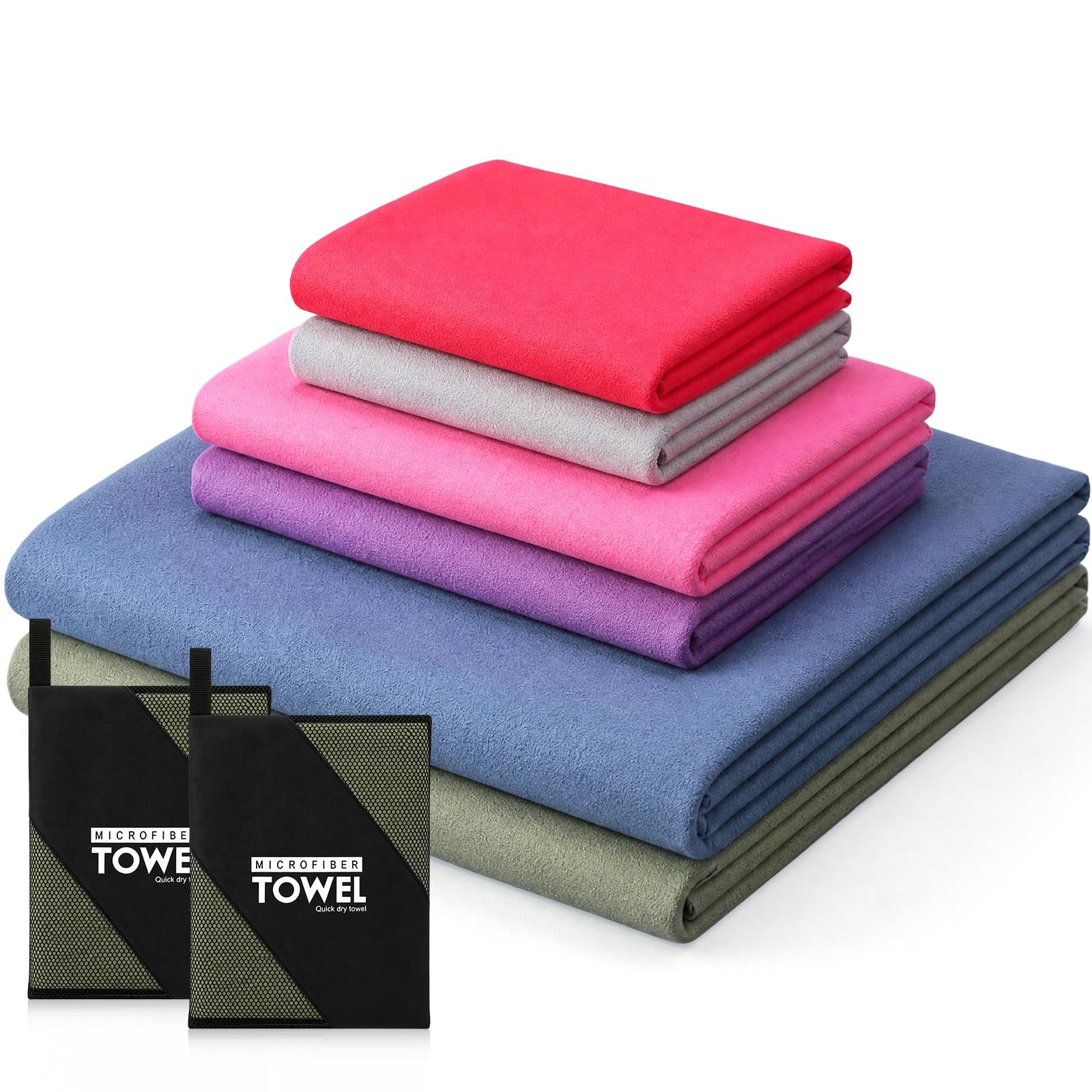 Batiyeer 2 Set Microfiber Quick Dry Travel Towel, 3 Sizes Ultra Absorbent Camping Towels with Mesh Storage Bags, Lightweight Odor Resistant Gym Beach Towel for Swimming Backpacking
