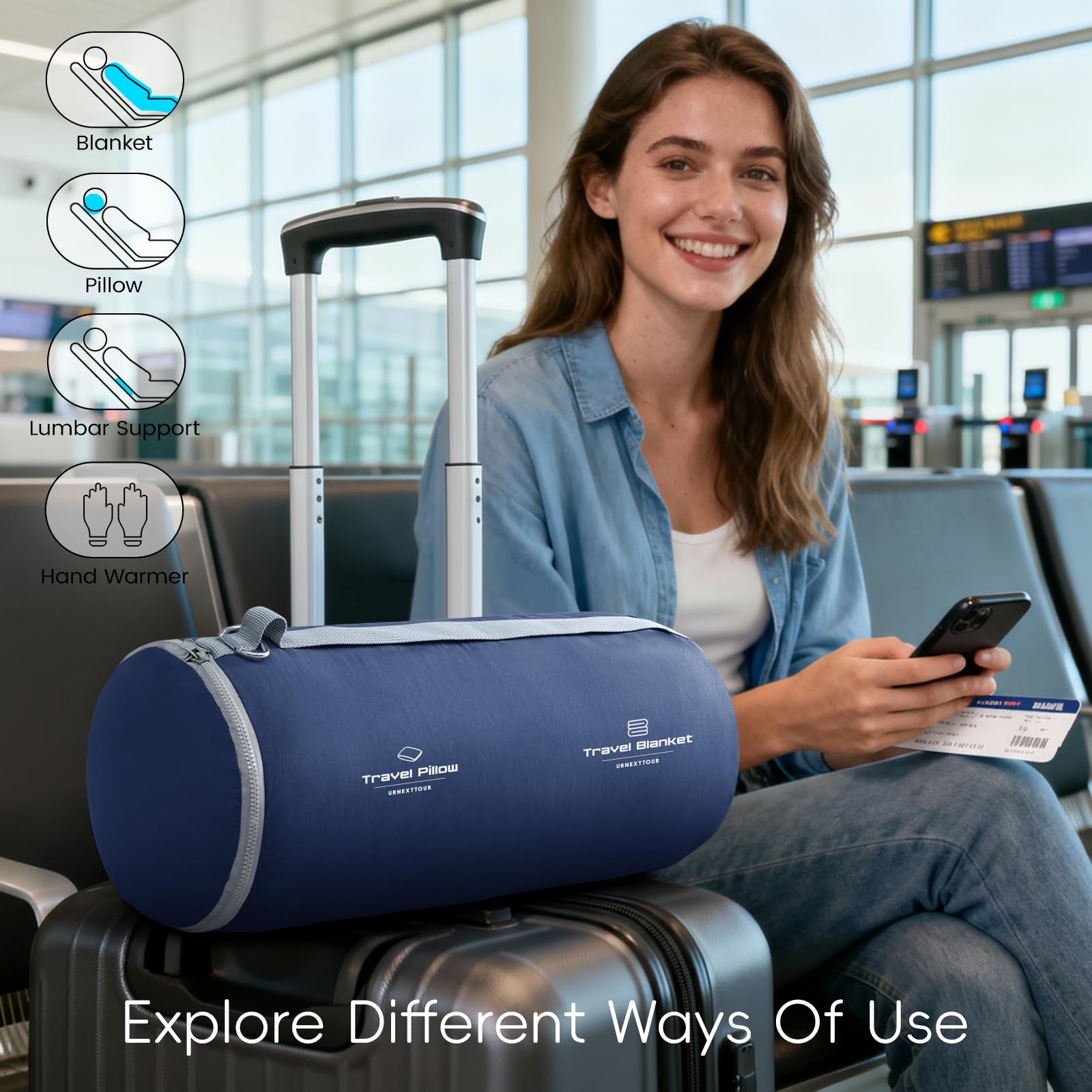 4-in-1 Travel Pillow & Blanket Set with Memory Foam Neck Support