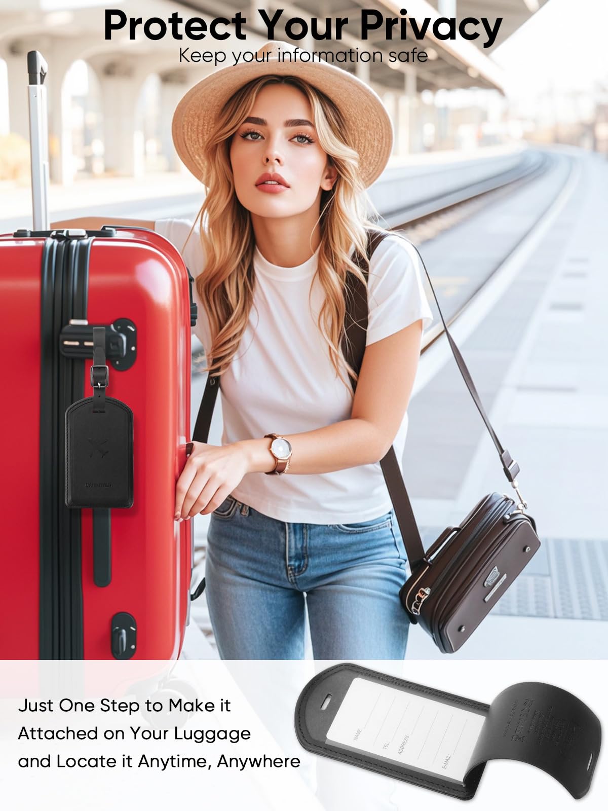 Leather Luggage Tag with Built-In Anti-Loss Tracker