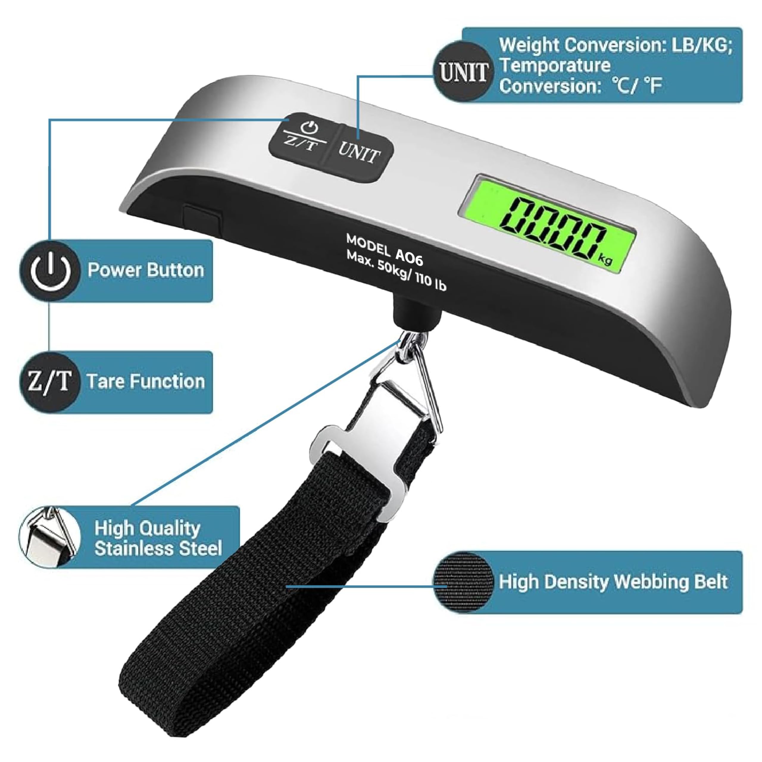 Digital Portable Hanging Luggage Scale with Backlit LCD Display 50 kg / 110 lb