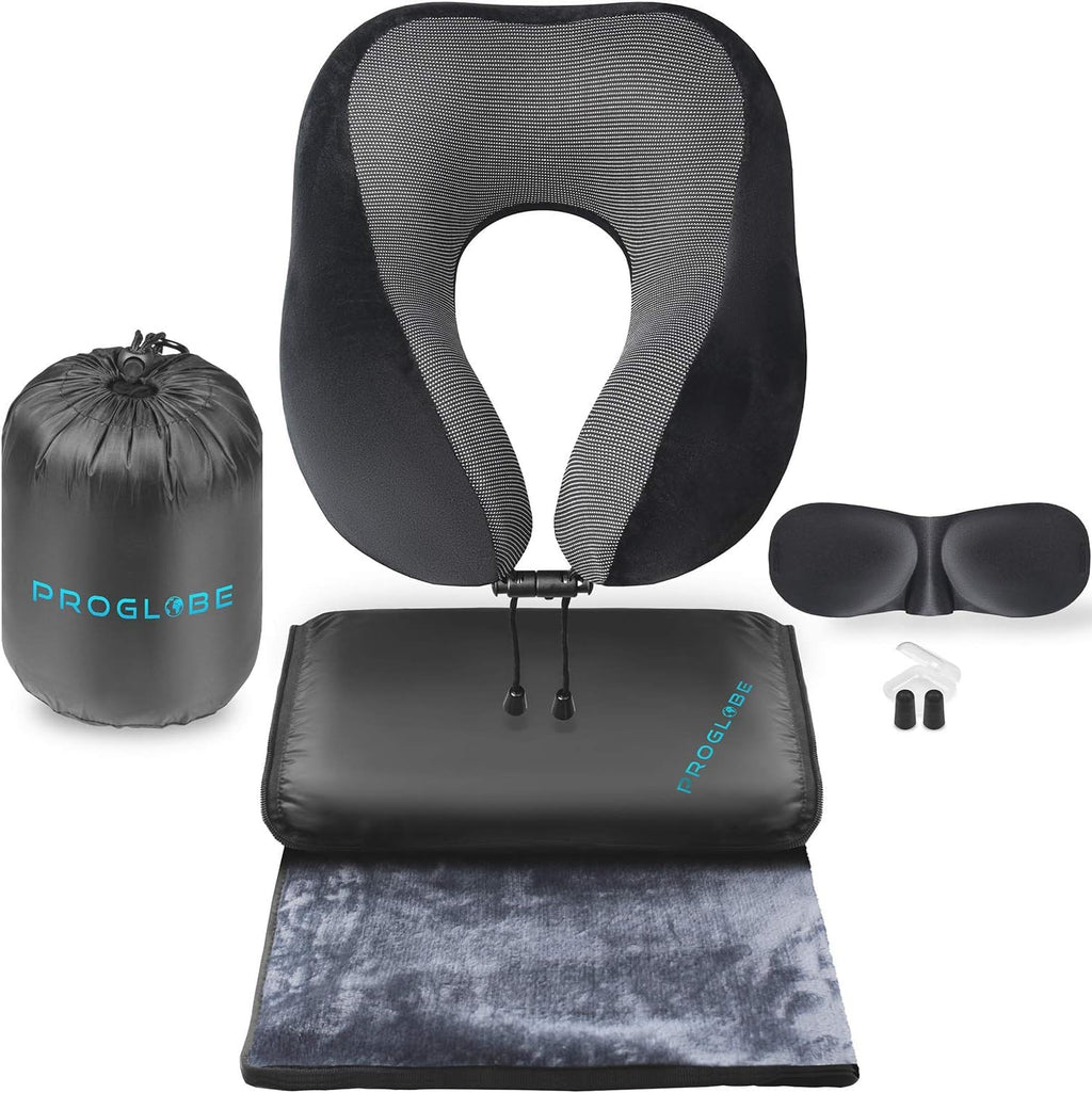 Memory Foam Travel Neck Pillow Kit with Eye Mask, Earplugs & Blanket