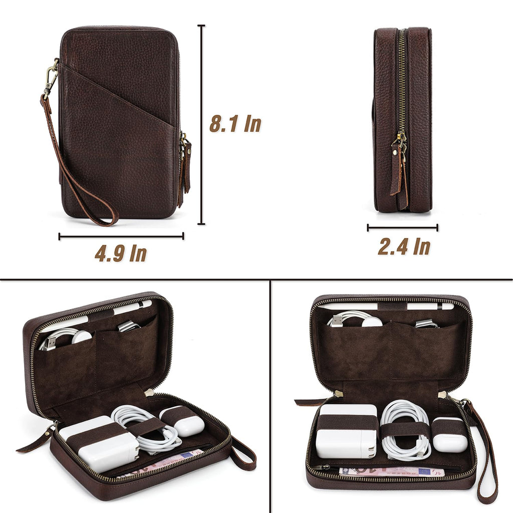 Vintage Leather Tech Organizer Case for Cables & Chargers