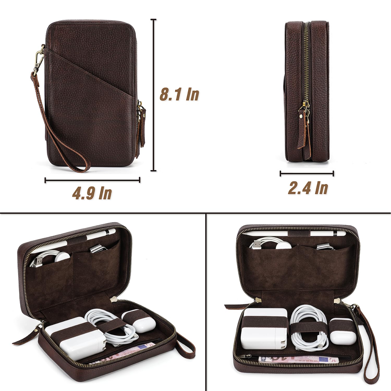 Vintage Leather Tech Organizer Case for Cables & Chargers