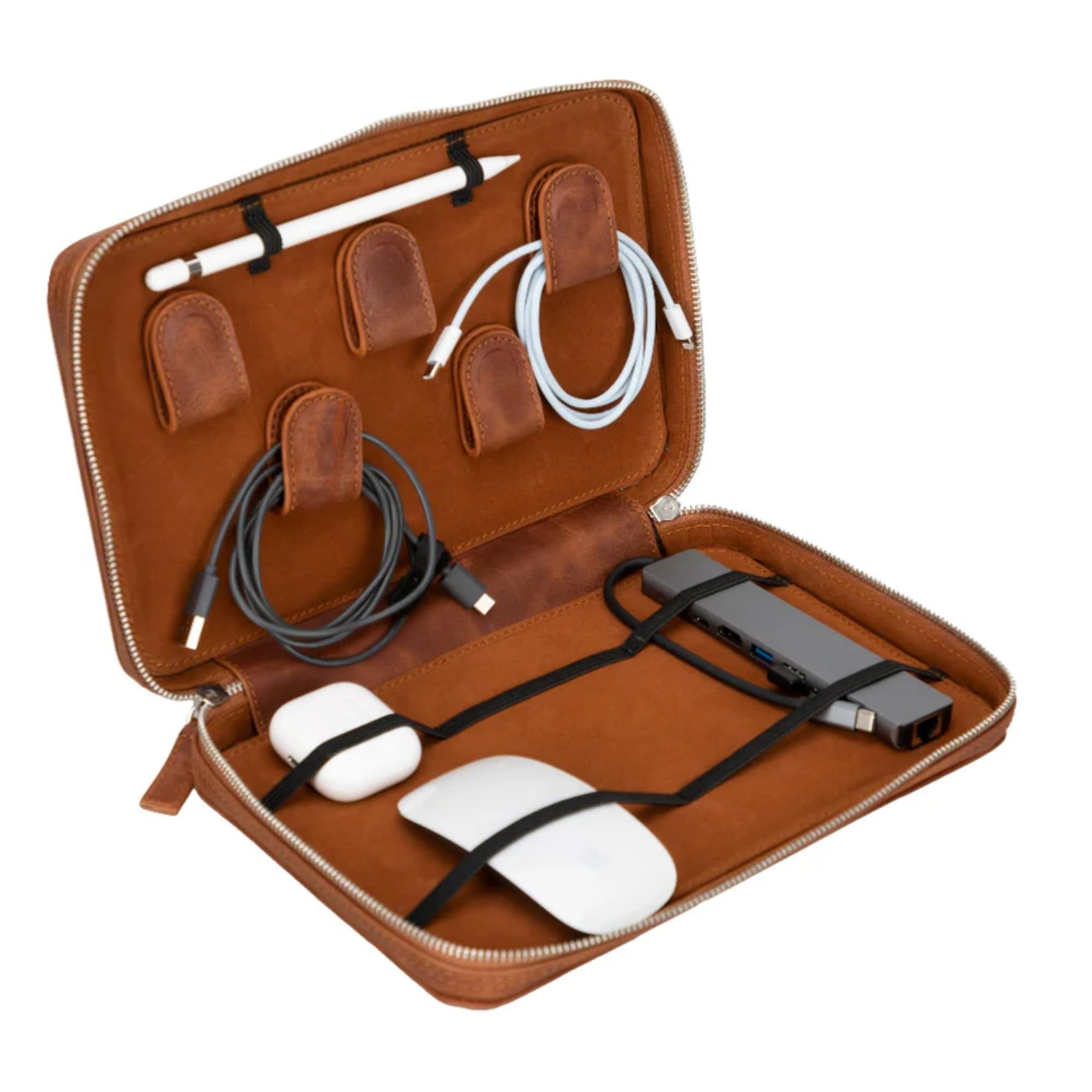 Full-Grain Leather Cable Organizer Bag for Cords & Chargers