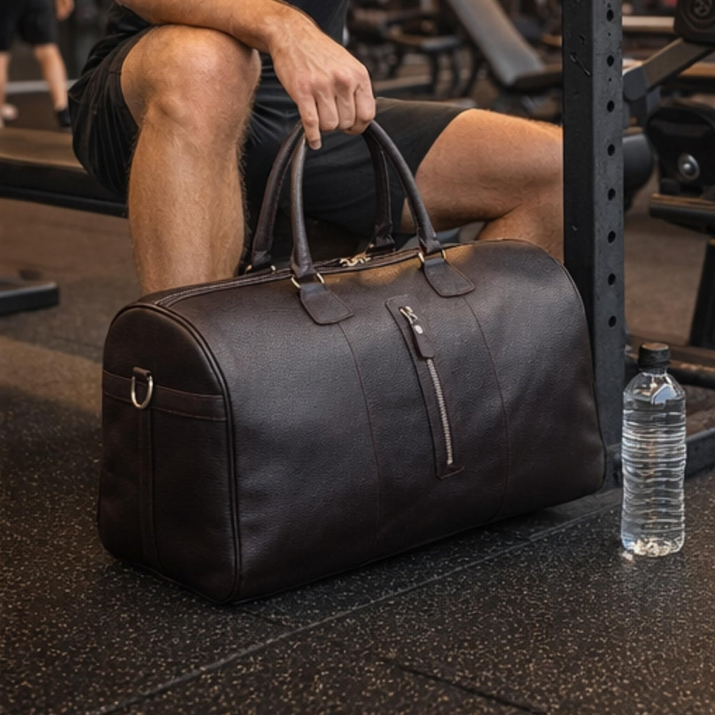 Full-Grain Leather Weekender Duffel Bag with Shoulder Strap