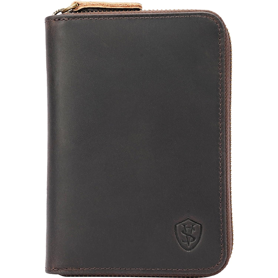 Full-Grain Leather RFID Passport Wallet with Zipper & AirTag Holder