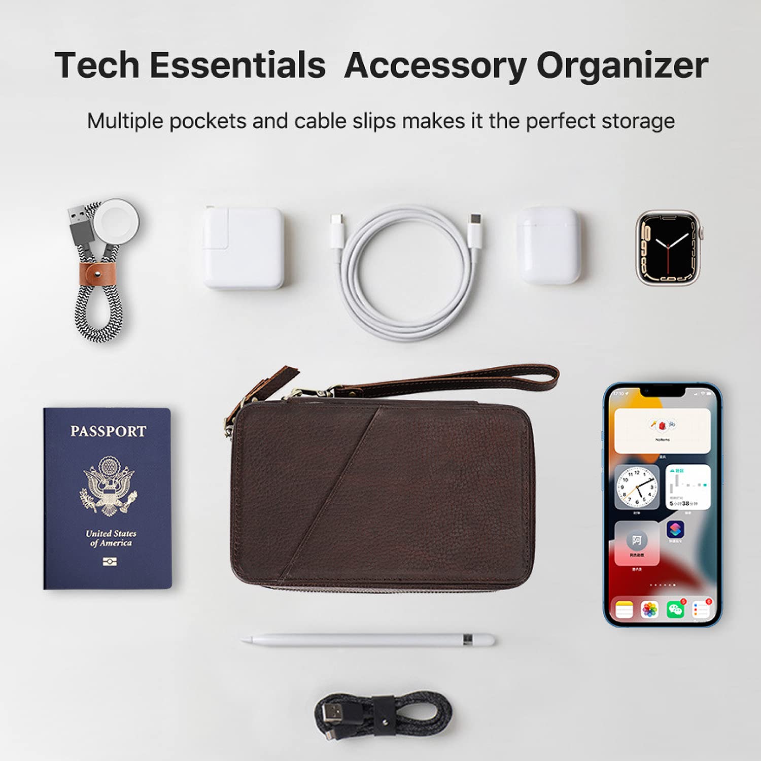 Vintage Leather Tech Organizer Case for Cables & Chargers