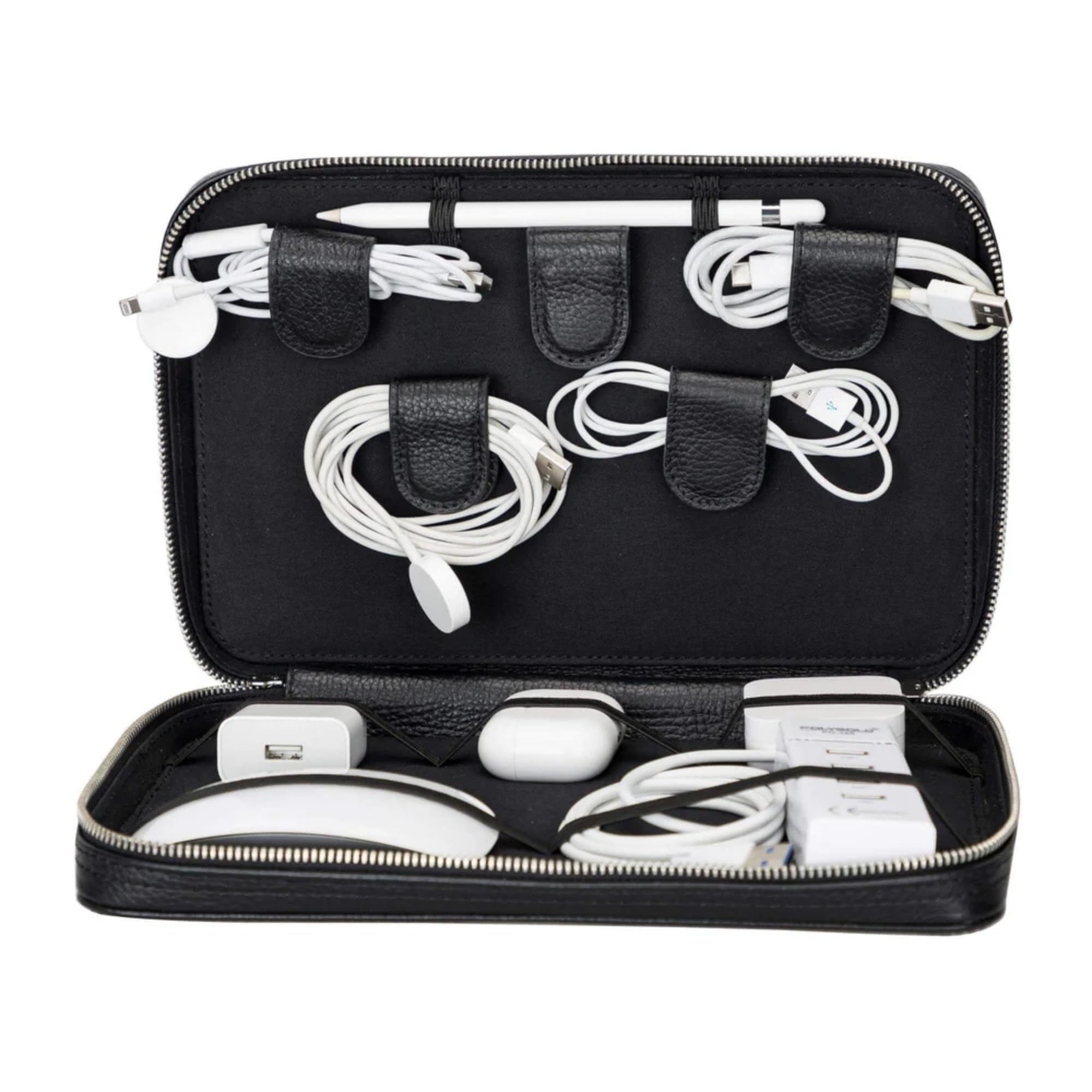 Full-Grain Leather Cable Organizer Bag for Cords & Chargers
