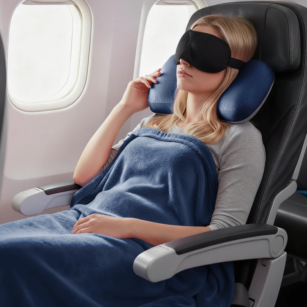 4-in-1 Travel Pillow & Blanket Set with Memory Foam Neck Support