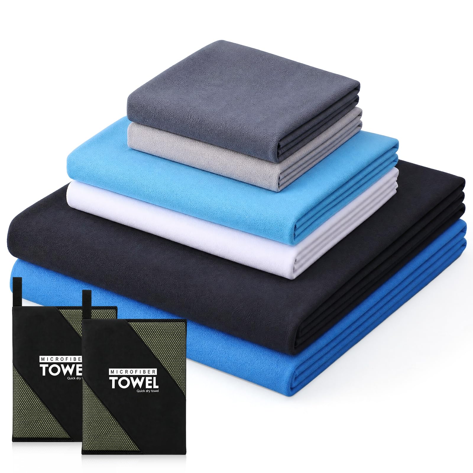 Batiyeer 2 Set Microfiber Quick Dry Travel Towel, 3 Sizes Ultra Absorbent Camping Towels with Mesh Storage Bags, Lightweight Odor Resistant Gym Beach Towel for Swimming Backpacking