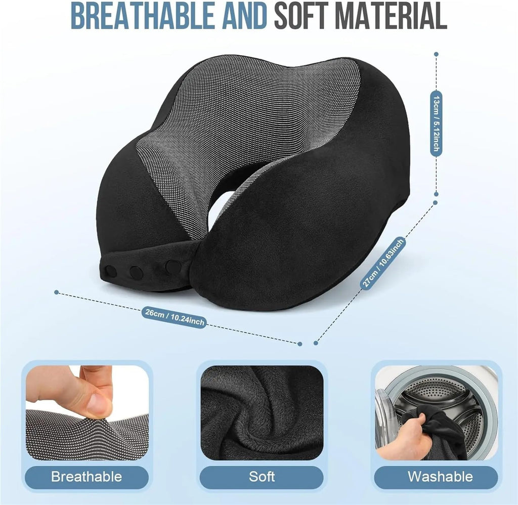 Adjustable Memory Foam Travel Neck Pillow with Eye Mask & Earplugs
