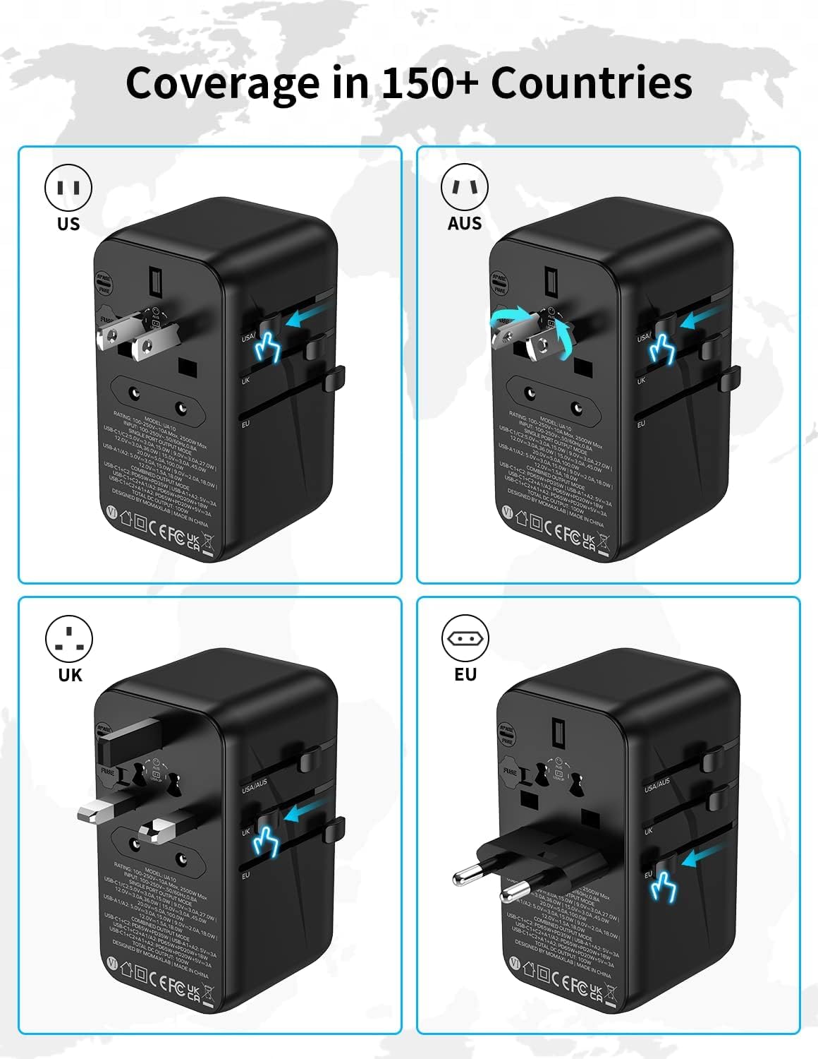 MOMAX Universal Travel Adapter, PD GaN 70W + 100W (Type C/A/G/I)