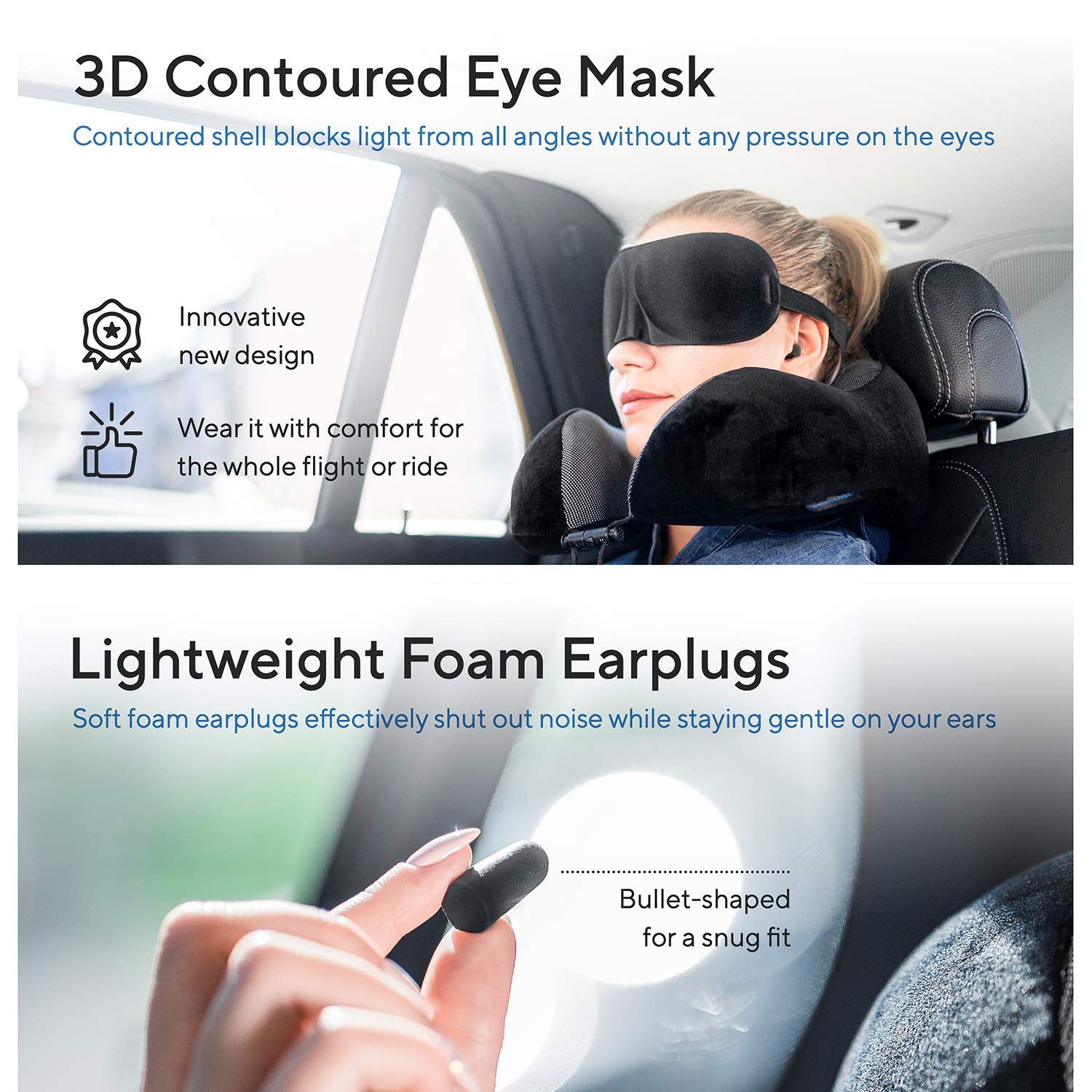 Memory Foam Travel Neck Pillow Kit with Eye Mask, Earplugs & Blanket