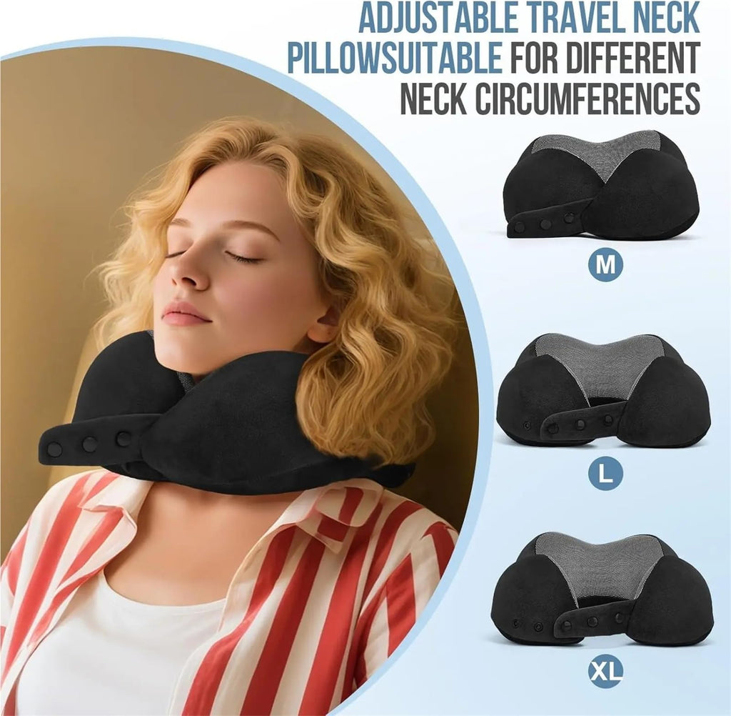 Adjustable Memory Foam Travel Neck Pillow with Eye Mask & Earplugs