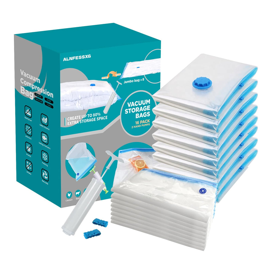 16-Pack Vacuum Storage Bags with Hand Pump for Clothes & Bedding