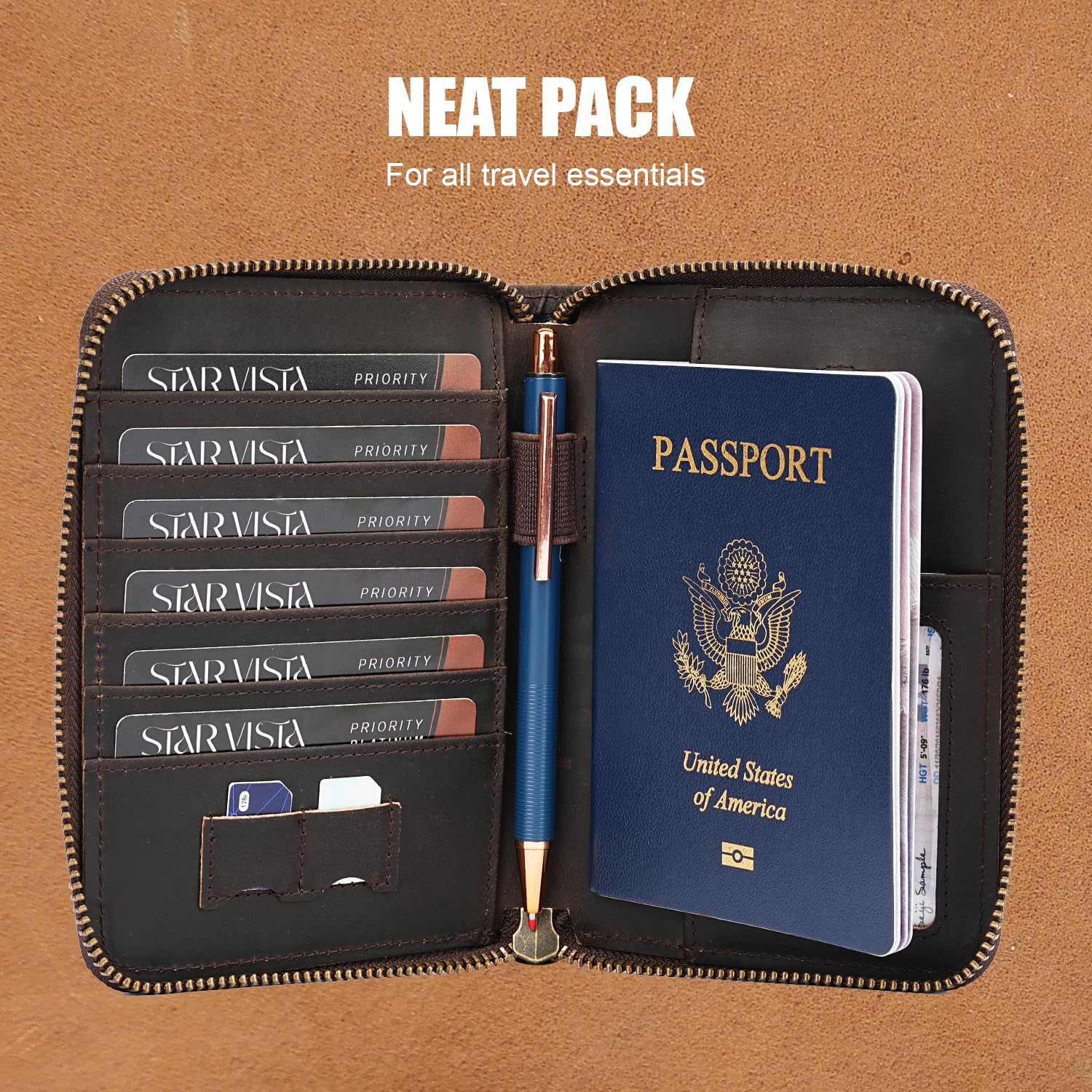 Full-Grain Leather RFID Passport Wallet with Zipper & AirTag Holder