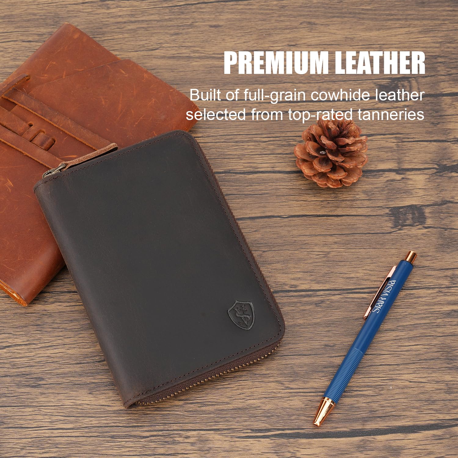 Full-Grain Leather RFID Passport Wallet with Zipper & AirTag Holder