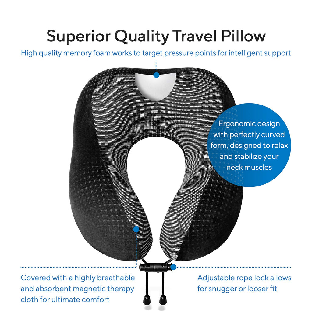 Memory Foam Travel Neck Pillow Kit with Eye Mask, Earplugs & Blanket