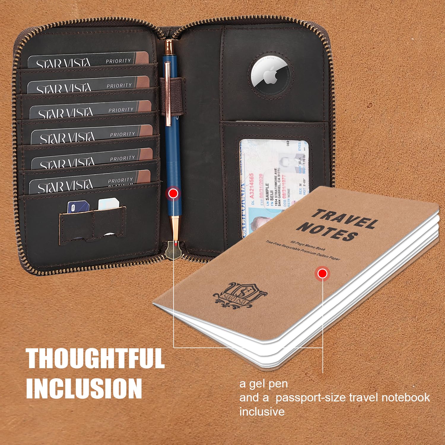 Full-Grain Leather RFID Passport Wallet with Zipper & AirTag Holder