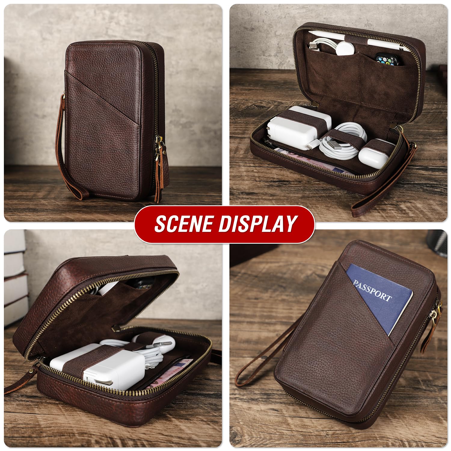 Vintage Leather Tech Organizer Case for Cables & Chargers