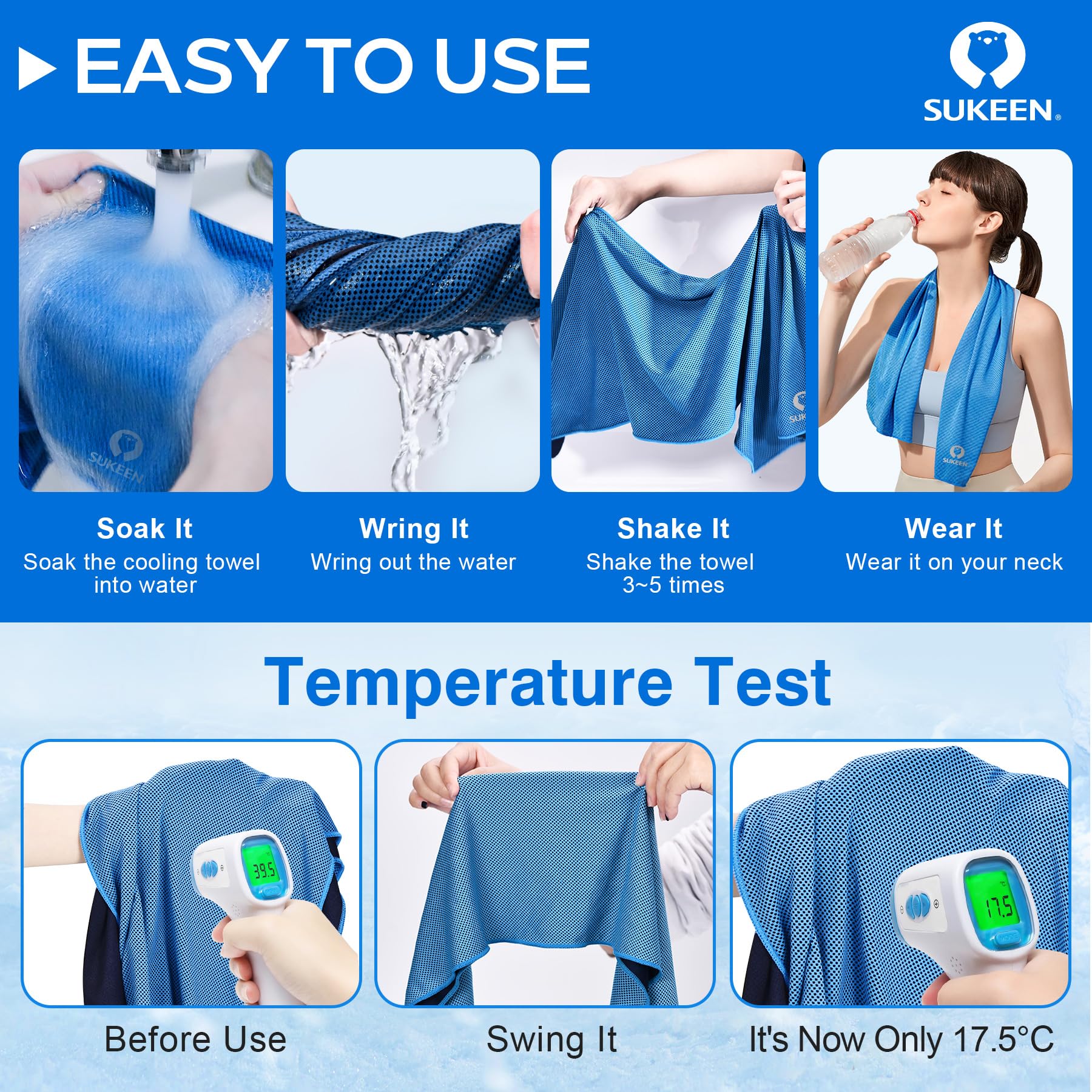 Sukeen 4 Pack Cooling Towels (40"x 12"), Cooling Neck Wraps, Soft Ice Towel