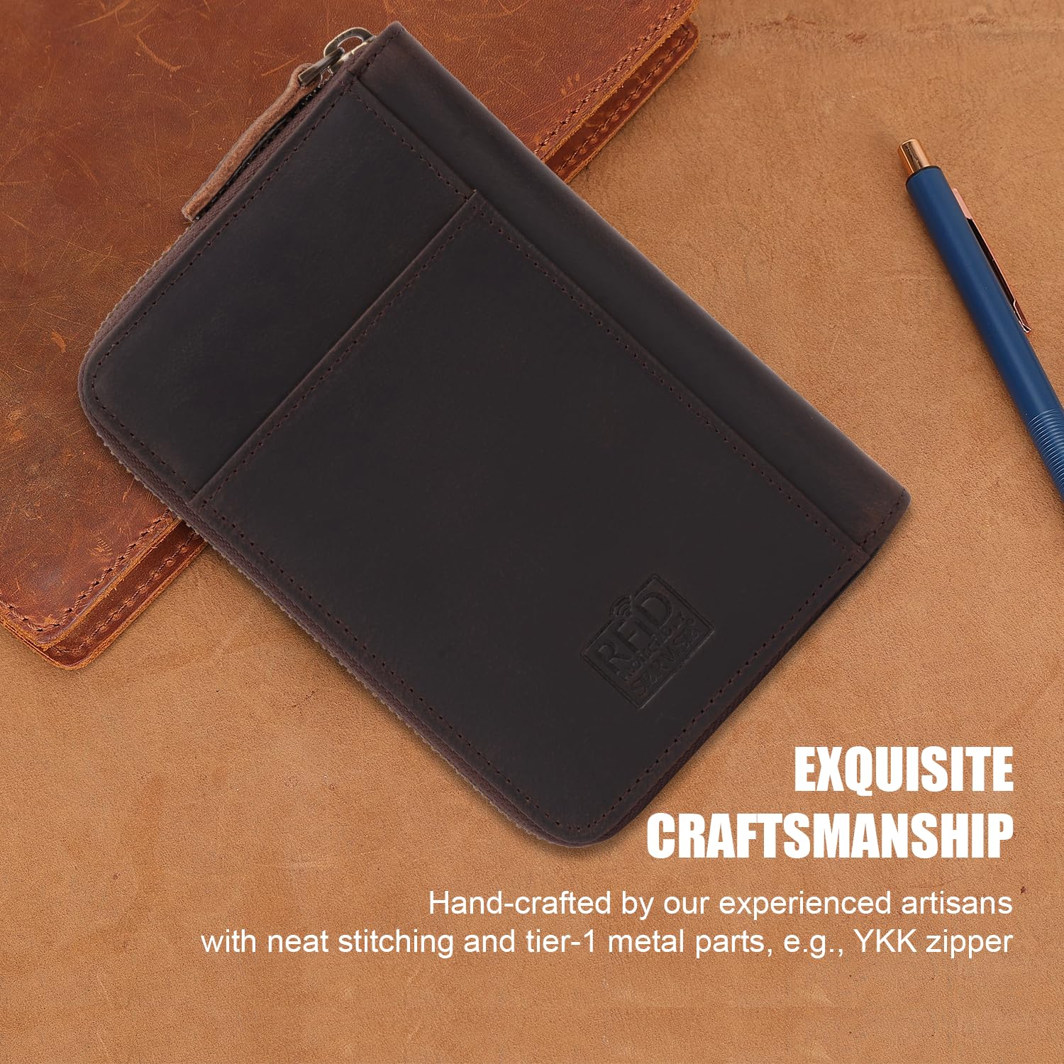 Full-Grain Leather RFID Passport Wallet with Zipper & AirTag Holder