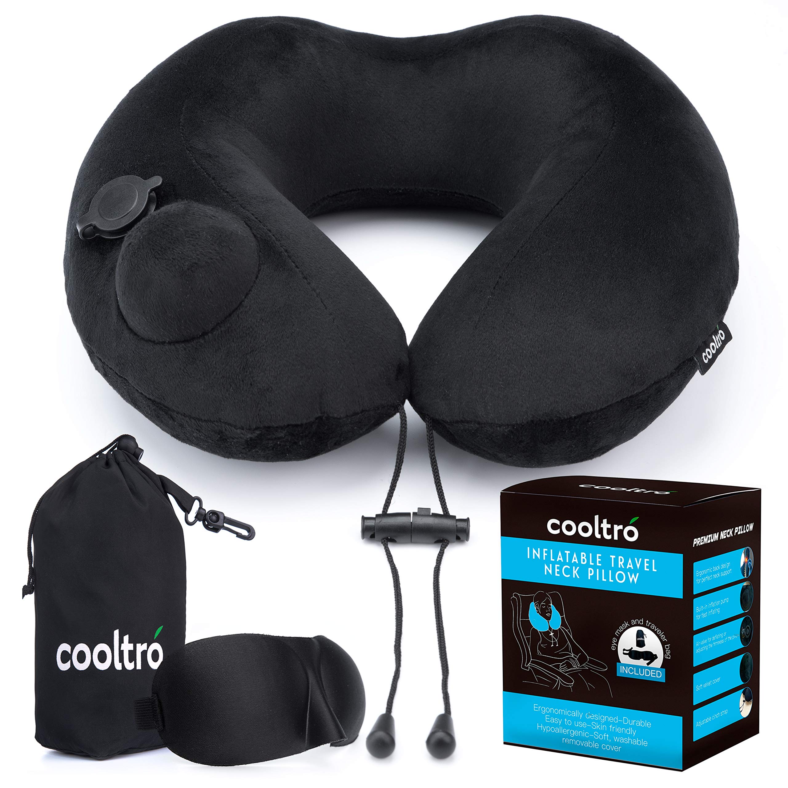 Inflatable Travel Neck Pillow with 3D Eye Mask & Carry Pouch