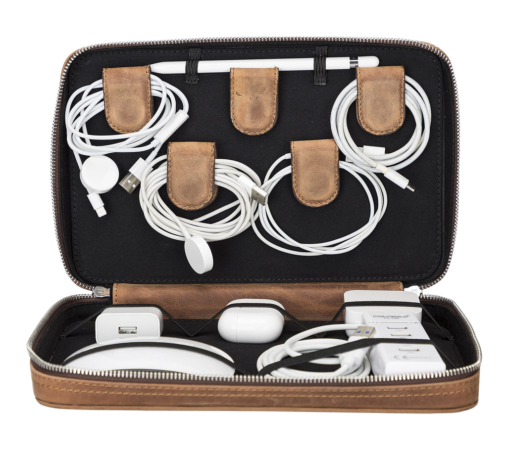 Full-Grain Leather Cable Organizer Case for Tech Accessories